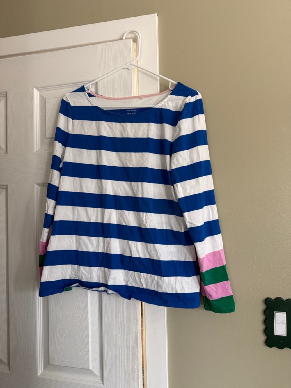 Boden Striped Long Sleeve Tee with Pink & Green Sleeve Accents size 10